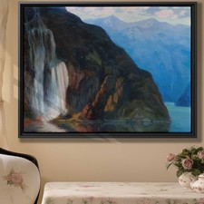 Mountain Waterfall Landscape Oil Painting Canvas Print for Rustic Home Decor