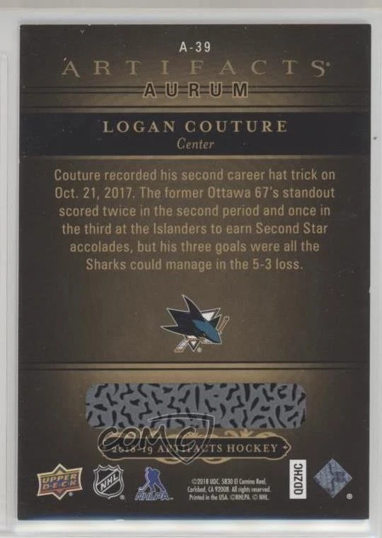 2018-19 Upper Deck Artifacts Aurum Logan Couture #A-39 - Image 2 of 2