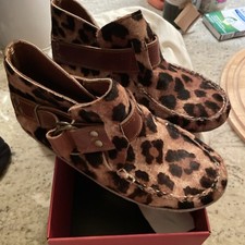 Quoddy Ring Boot Brown Leather and Leopard Print, Handmade Moccasins 8B
