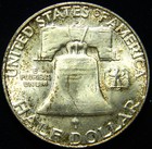 1958-D FRANKLIN SILVER HALF DOLLAR, GRADE: CHOICE BU, ORANGE PERIMETER TONING — photo 2