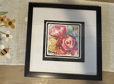 Framed Floral Wall Art Print Pink Flower Black Frame White Mat 16x16