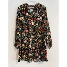 Fall LOFT Floral Split Neck Shift Dress Womens S Black Botanical Ruffle Trim