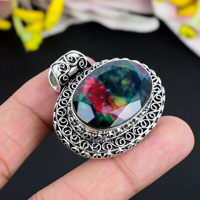 Ammolite Gemstone Handmade Jewelry 925 Sterling Silver Boho Pendant Gift For Him