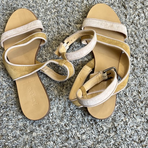 J. Crew Size 9 Ankle Strap Sandals Suede Yellow Tan Color Flats Summer Italy New - Picture 7 of 7