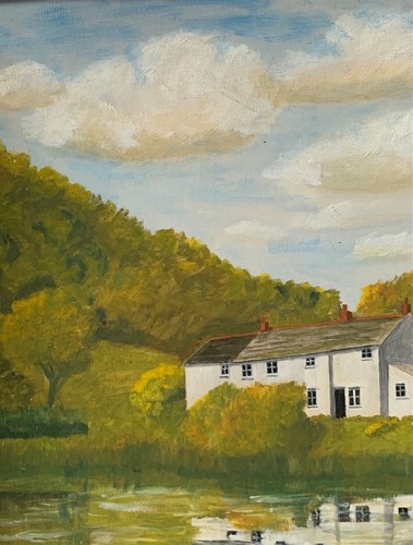 VINTAGE LANDSCAPE OIL PAINTING HOUSE BY RIVER FIELDS CORNWALL SIGNED R CHARLES - Picture 11 of 24
