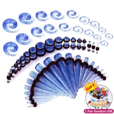 18-54Pcs Blue Glitter Ear Stretching Kit Acrylic Spiral Taper Plugs 14G-00G Sets