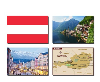 4er Set Österreich Kühlschrankmagnete - Flagge, Karte und Wahrzeichen Sehenswürdigkeiten