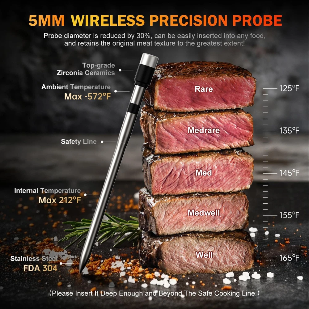 Meat Thermometer Wireless, 800FT Bluetooth Digital Thermometer with Smart APP...