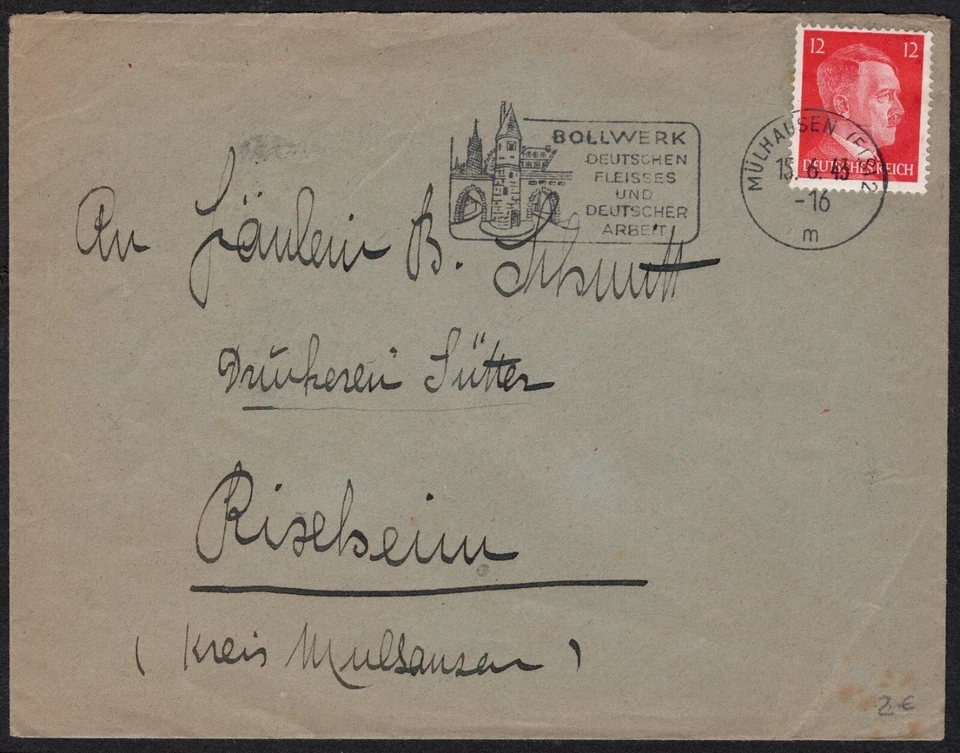 GERMANY 1943 WWII TW0 12PF COVERS FROM 1. MULHAUSEN TO RISELBEIM &2. ZABERN - Image 2 of 4