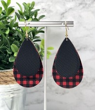 Faux Vegan Leather Red  Black Buffalo Plaid Teardrop Dangle Earrings Checkered