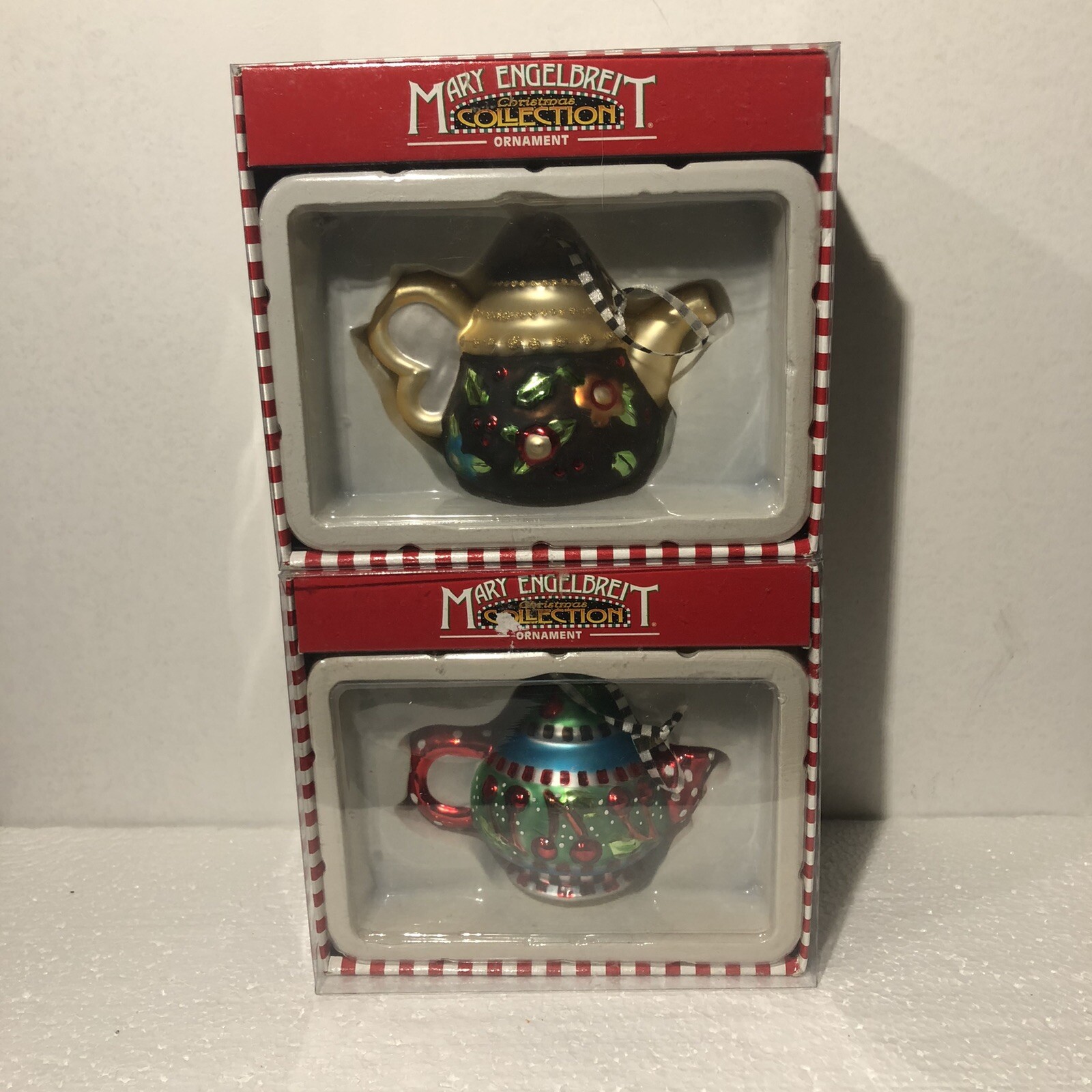 Mary Engelbreit Kurt S Adler Ornaments (2) Teapot Glass Christmas W Boxes
