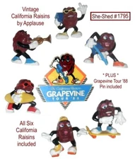 Vintage 6 Figurines California Raisins '88 Grapevine Tour Pin Applause Hardees