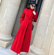 Womens Full Length Thicken Cashmere Wool Coat Outwear Slim Tied Stand Collar New