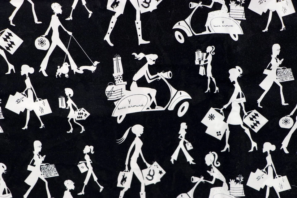 Michael Miller Shopping Girls Vespa Ponytail Boots Retro Dogs Black&White 18x42 - Image 2 of 4