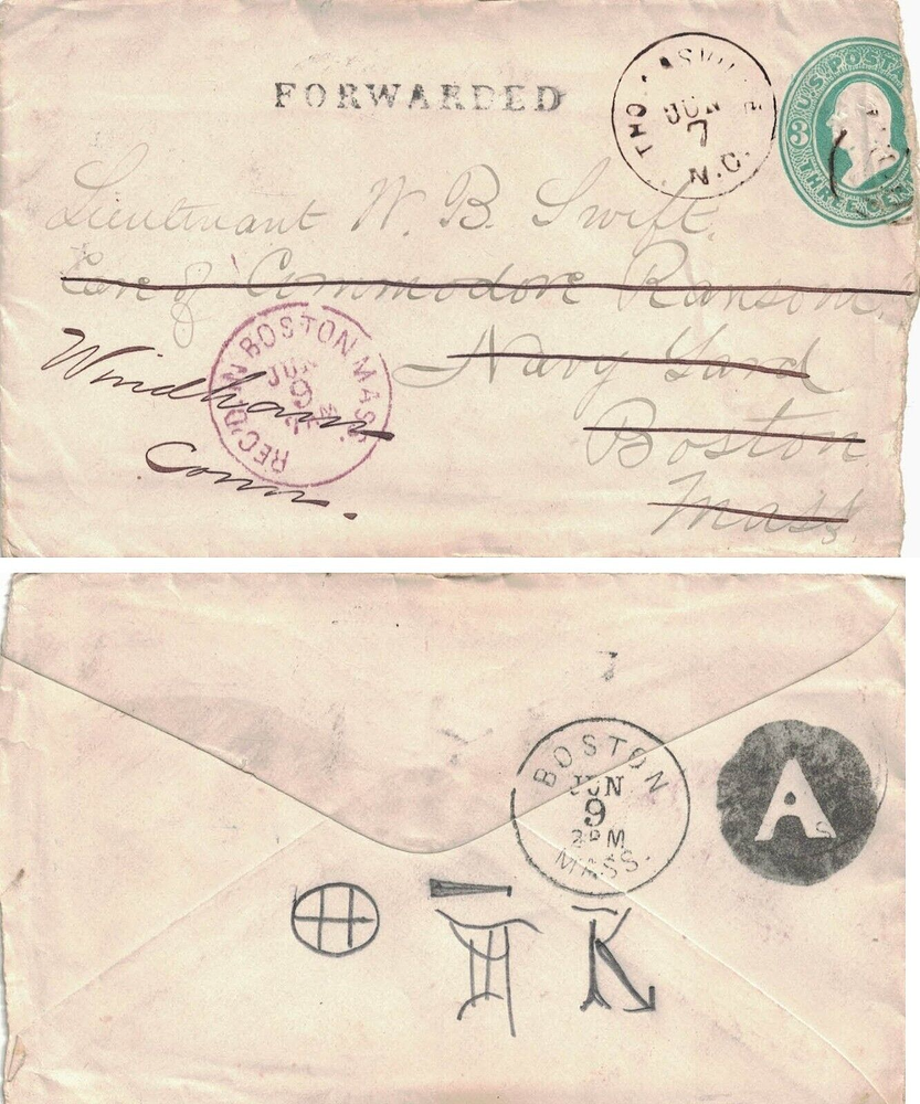 1870s Boston MA negative A cancel cover forwarded from Thomasville NC