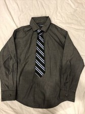 Boys Chaps Dress Shirt Grey (8) With Navy And Light Blue Strip Tie