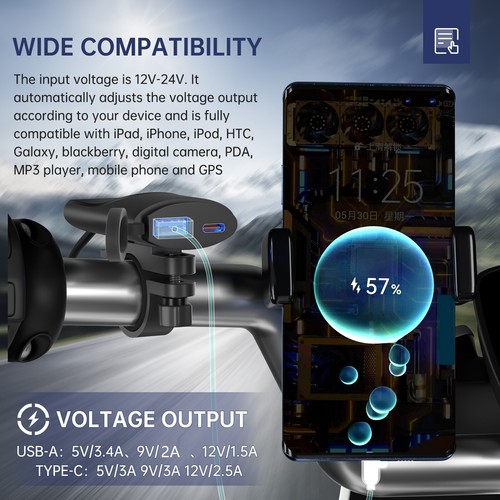 Motorcycle Handlebar USB Charger Adapter PD QC3.0 USB A + Type C Fast Charger - Picture 19 of 22
