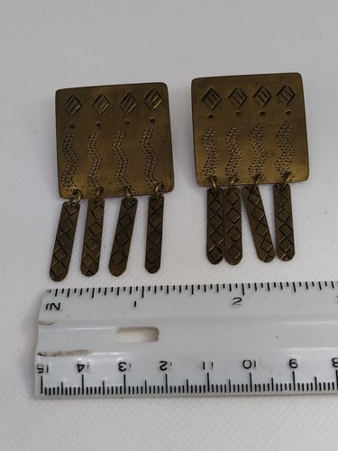 Vintage Brass Embossed Modernist Modern Tassel Square Earrings - Picture 11 of 14