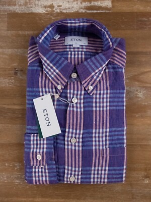(NO CUSTOMS TAX) ETON slim-fit purple plaid linen button-down shirt 42 / Large