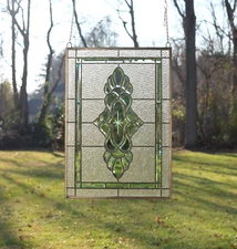 Green transparent stained glass panel Clear Beveled window panel 19" x 27"