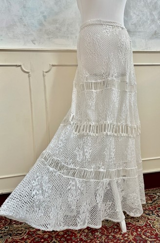 ALTO GIRO Designer White Floral Lace Mesh Flared Sarong Beach Wrap Maxi Skirt M - Picture 2 of 11