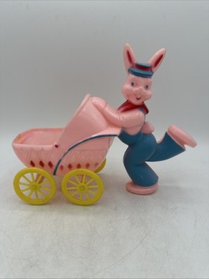 Vintage Rosbro Easter Bunny Carriage Baby Buggy Candy Container 1950s