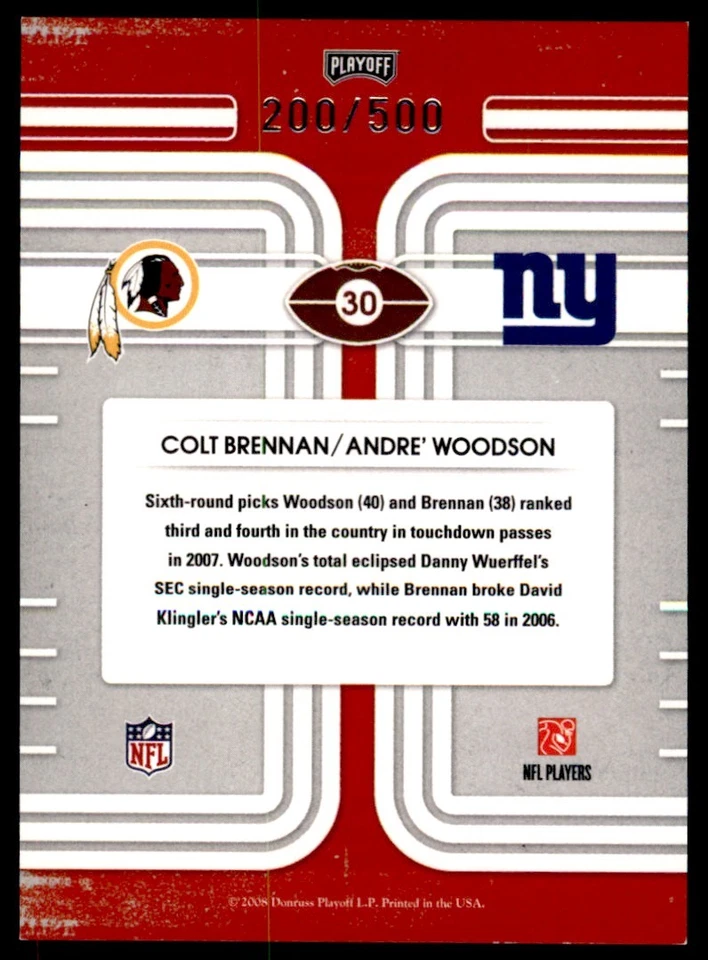 2008 Playoff Contenders Round Numbers Colt Brennan/Andre Woodson 200/500 - Image 2 of 2