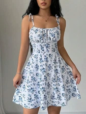 Women Summer Floral Spaghetti Strap Beach Short Dress