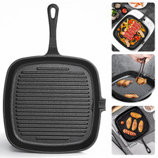 Cast Iron Griddle Frying Pan Grill Non-Stick Skillet Cooking Fry Square Steak UK