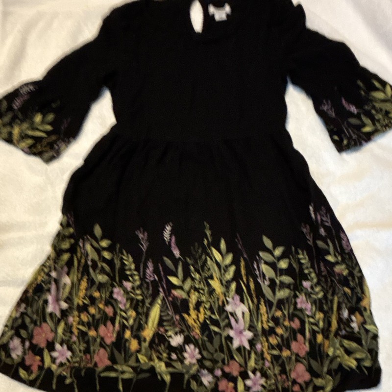 Old Navy Girls Black Floral Fit & Flare Dress 3/4 Sleeve Round Neck M (8)