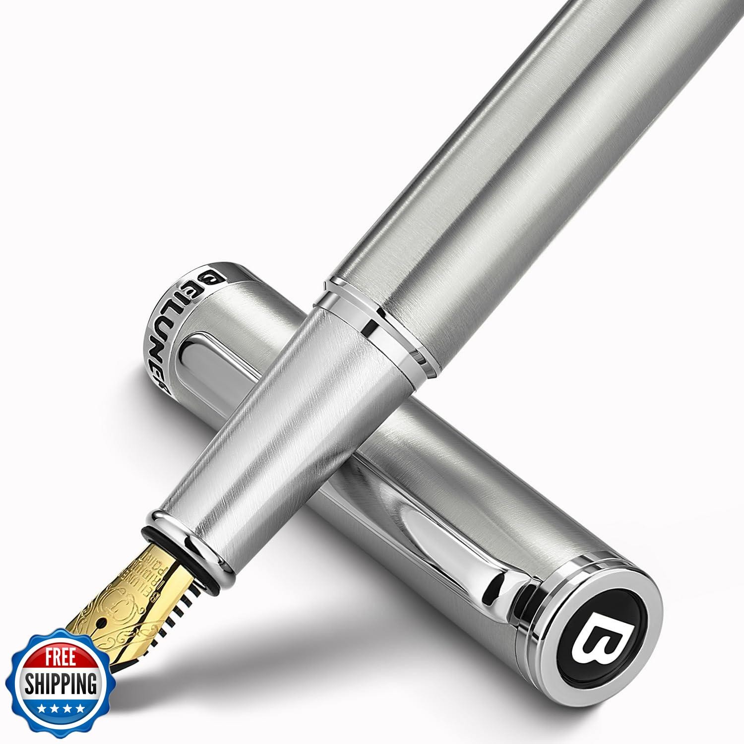 BEILUNER Luxury Fountain Pen Set, Solid 24K Gilded Fine Nib, Silver Stainless