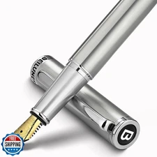 BEILUNER Luxury Fountain Pen Set, Solid 24K Gilded Fine Nib, Silver Stainless
