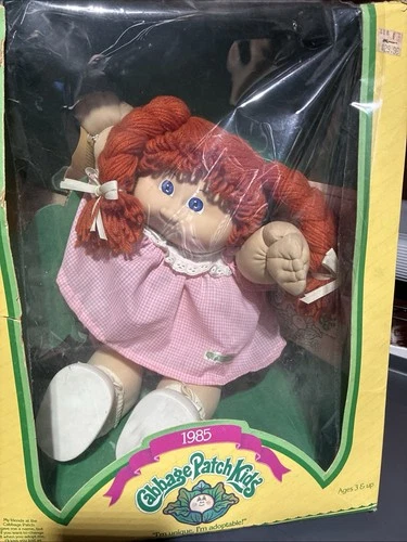 Cabbage Patch Kids 1985 Baby Doll Red Curly Hair Pink Dress Original Box