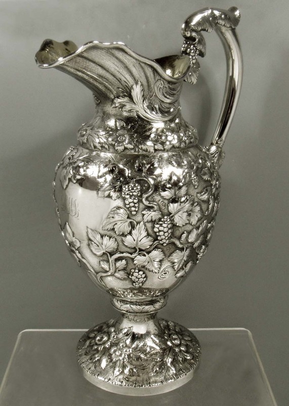 S. Kirk & Son Solid Silver Pitcher   c1850 EXOTIC BIRDS IN GRAPE & LEAF