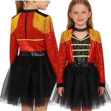 Girls Circus Ringmaster Costume Sequin Tutu Dress Shiny Tassel Epaulet Bodysuit