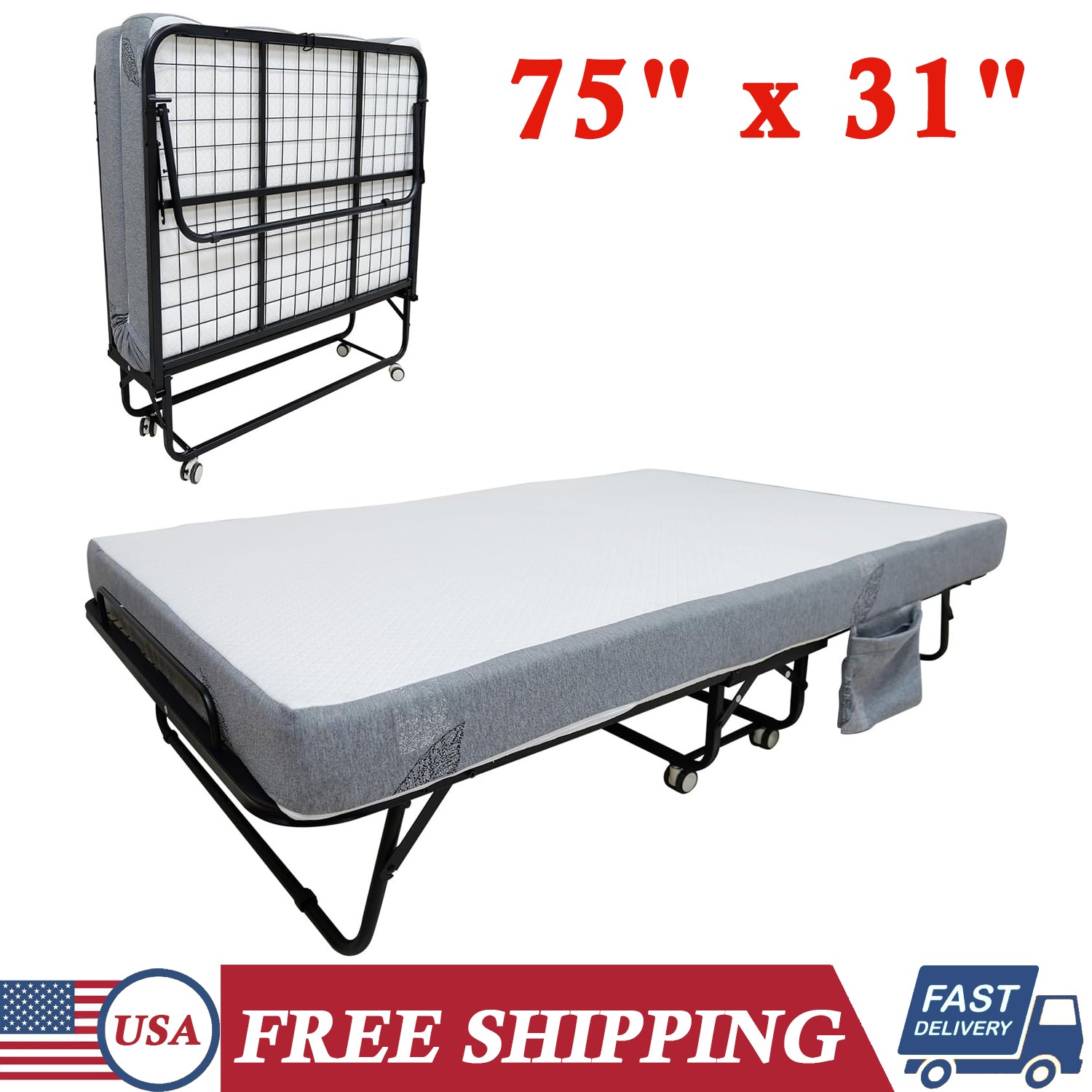 75x31 Inch Twin Size Folding Bed Rollaway Guest Bed Portable