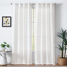 White Linen Textured Farmhouse Curtains for Living Room Bedroom Back Tab RP