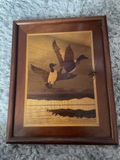 Vintage antique hand carved birds Marquetry Wood Inlay picture  in frame