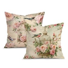 Vintage Throw Pillow Covers Set of 2, 18x18 Inch Pink Vintage Garden Songbird