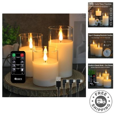 Cozy Ambient LED Glass Pillar Candles - 3-Pack, Remote-Controlled & Rechargeable