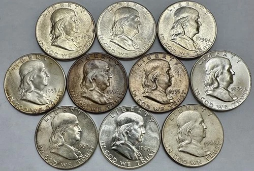 Lot of 10 1948-1960 Franklin Half Dollars XF-BU Details