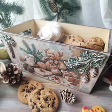 Christmas Decor Handcrafted Decoupage Vintage Wooden Box Kitchen Organizer Gift