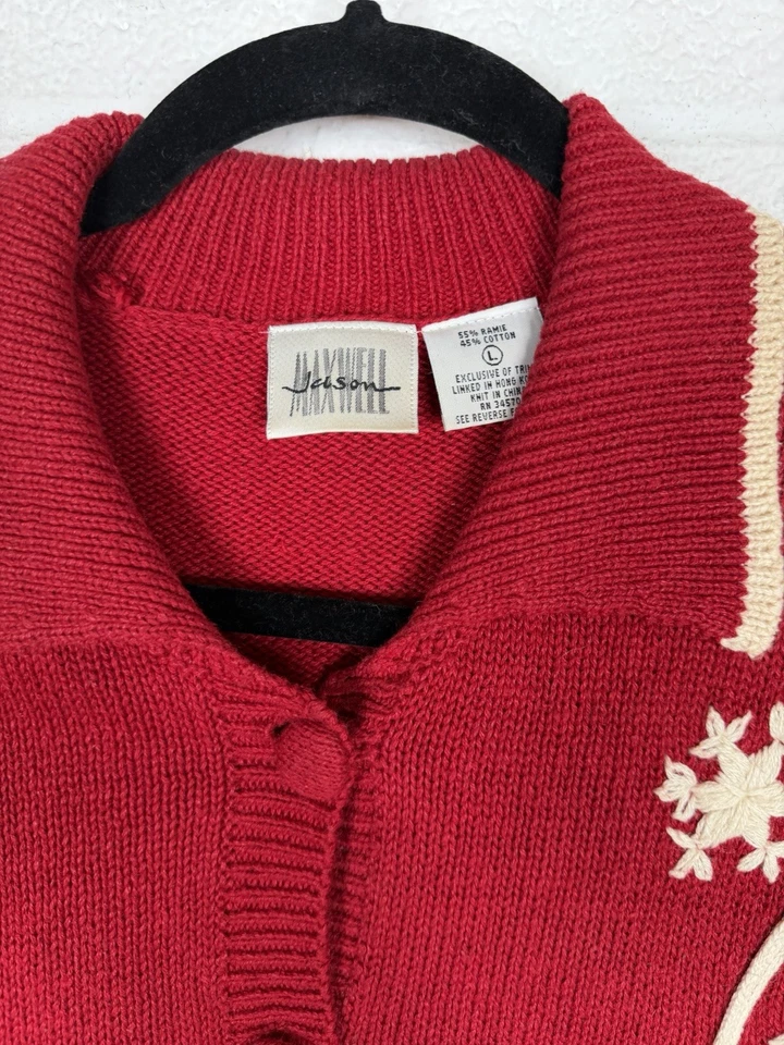 Suéter Vintage Jason Maxwell Rojo Patines de Hielo Copo de Nieve Cuello L Abotonable Foto 4 de 4