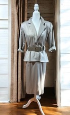 Vtg 90s Skirt Suit Set Belted Leisure Figure Flattering Peplum Fit Rayon Blend