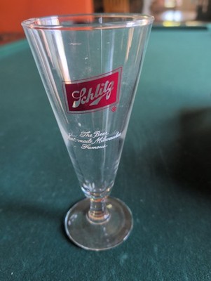 VTG 8oz Clear Footed Beer Glass w/Stenciled Schlitz Logo & Slogan 