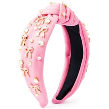 Coquette Pink Bow Jeweled Knotted Headband - Rhinestone Crystal Pearl Embelli...