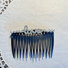 HANDCRAFTED HAIR COMB "LOVE" CRYSTAL AND PEARL BEADED FANCY COMB