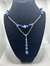 Stainless Steel Lapis Blue Quartz Necklace One of A Kind Hand Crafted 16 Inch