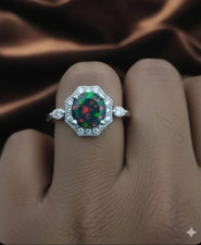 Black Opal Round Cut Anniversary Ring Platinum On 925 sterling silver Size 7 US