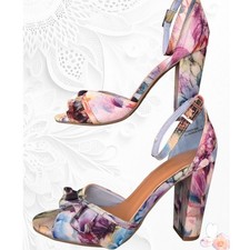 Bamboo Frenzy Floral Block Heel Sandals Ankle Strap Pink Multi 7 / 37
